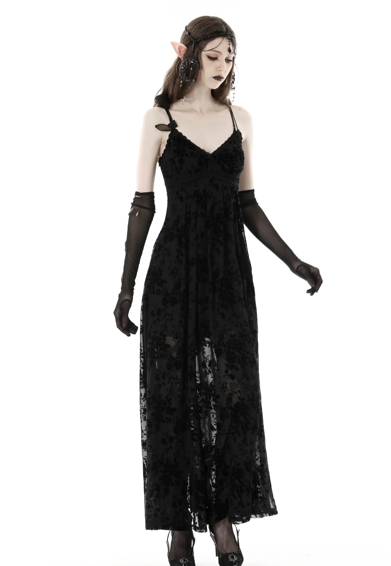 Dark In Love - Gothic Rose Flocking Maxi Strap Black - Dress - Image 3