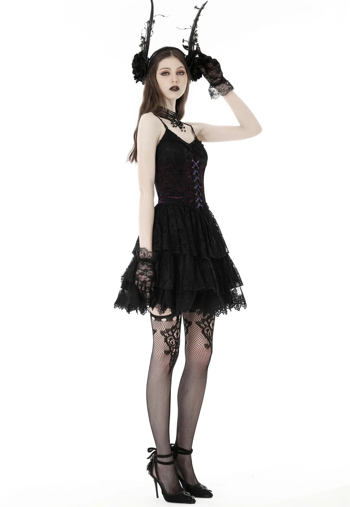 Dark In Love - Gothic Sexy Black Purple Lace Mini Black - Dress - Image 2