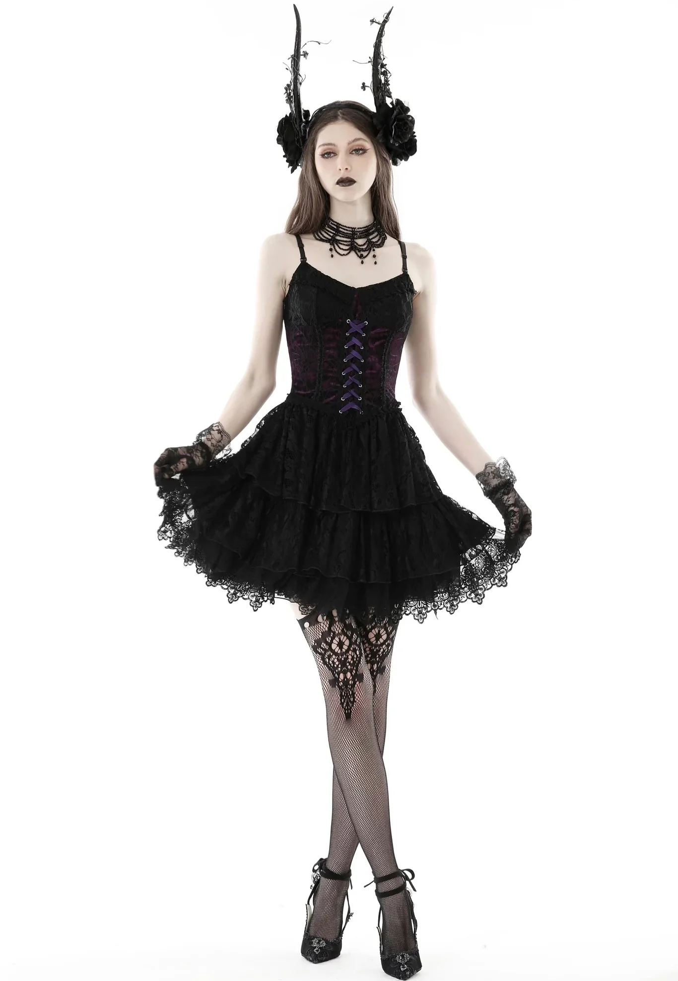 Dark In Love - Gothic Sexy Black Purple Lace Mini Black - Dress - Image 3