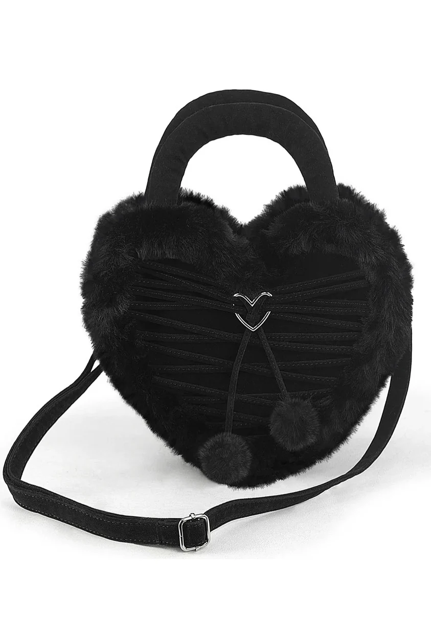 DemoniaCult - Faux Suede And Fur Heart Shaped Black - Bag