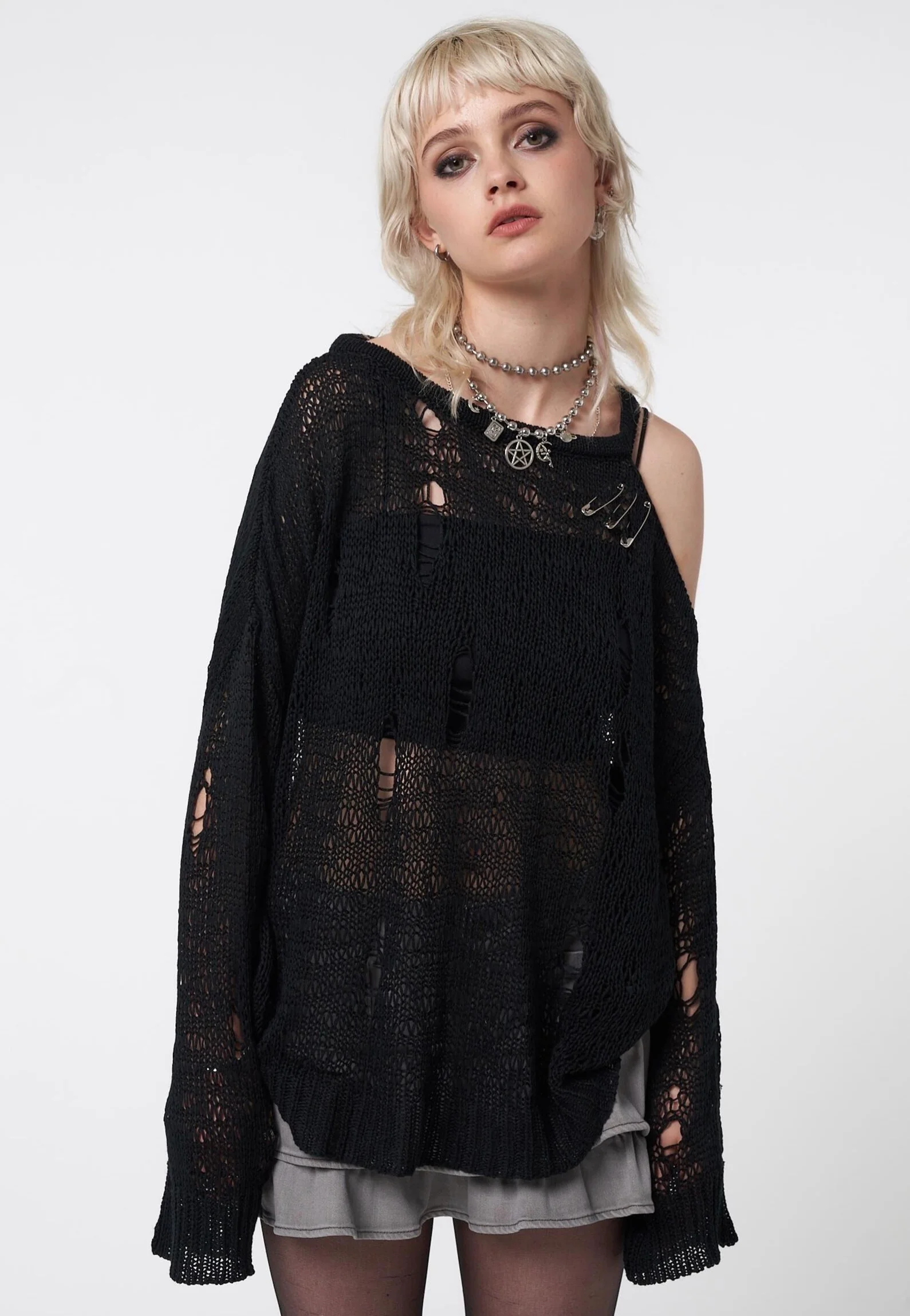 Minga London - Avril Distressed Cut Out Net Knit Black - Pullover - Image 3