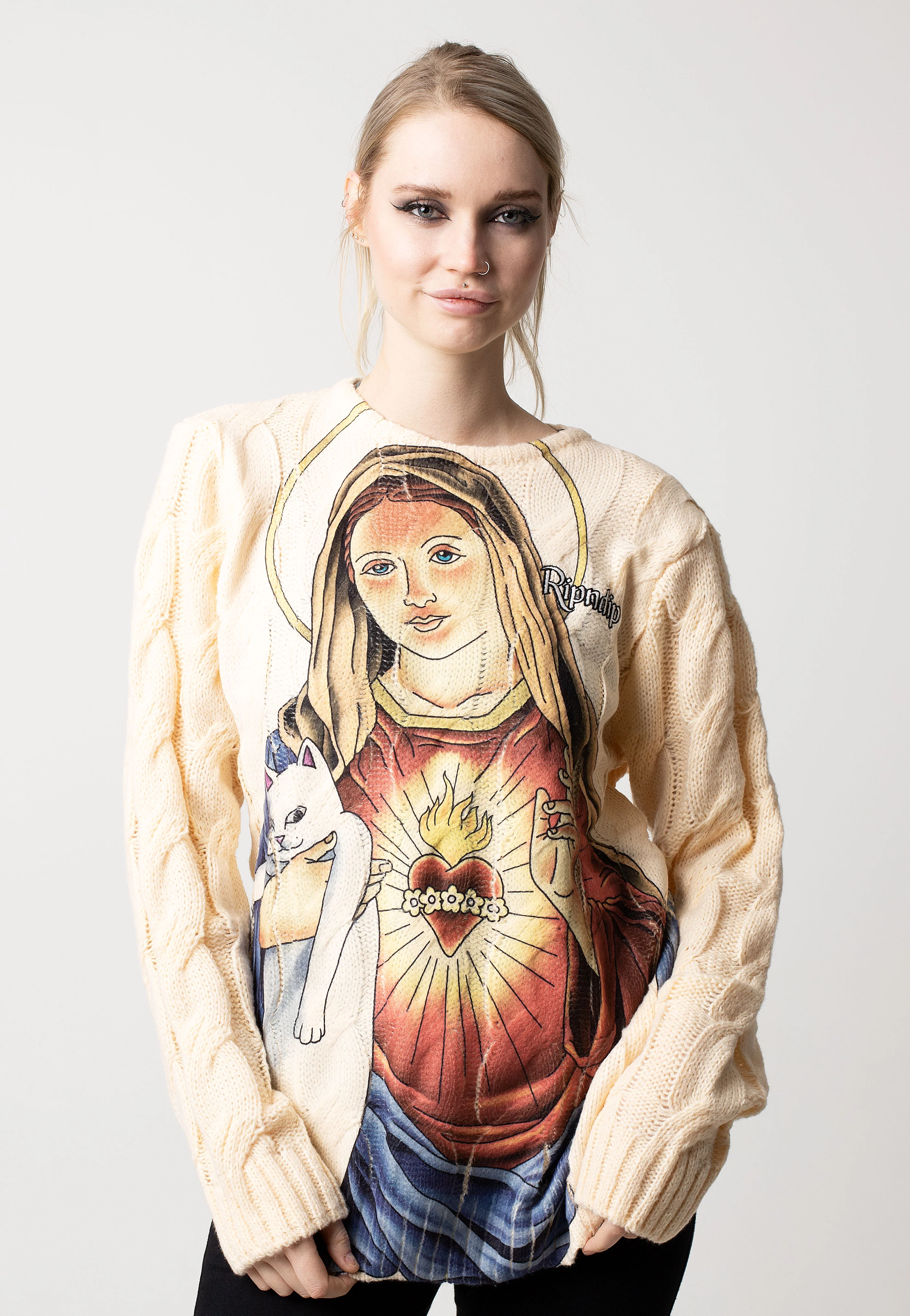 RIPNDIP - Mother Mary Cable Knit Cream - Pullover - Image 9