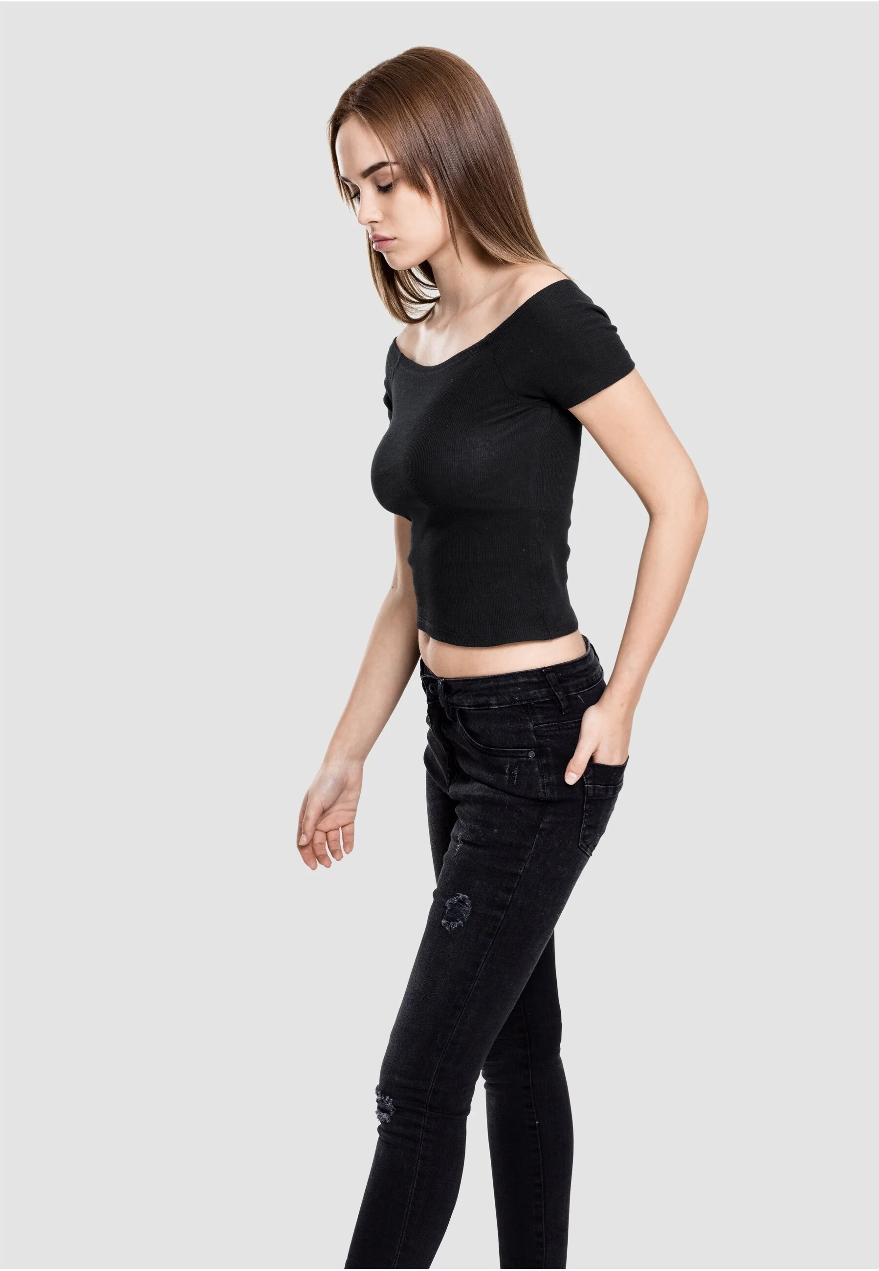 Urban Classics - Ladies Off Shoulder Rib Black - T-Shirt - Image 4