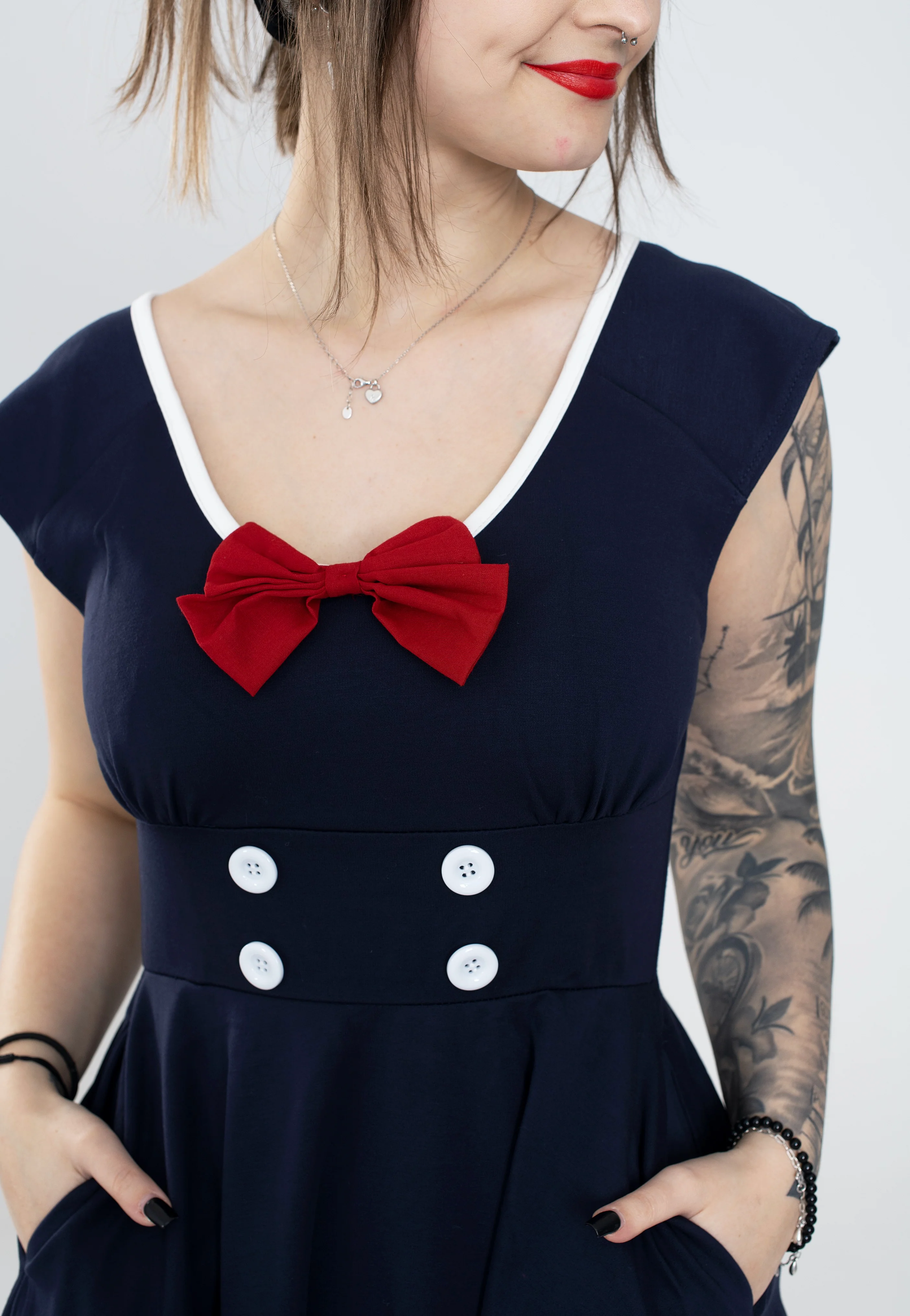 Voodoo Vixen - Catalina Red Bow Seaside Flare Navy - Dress - Image 2