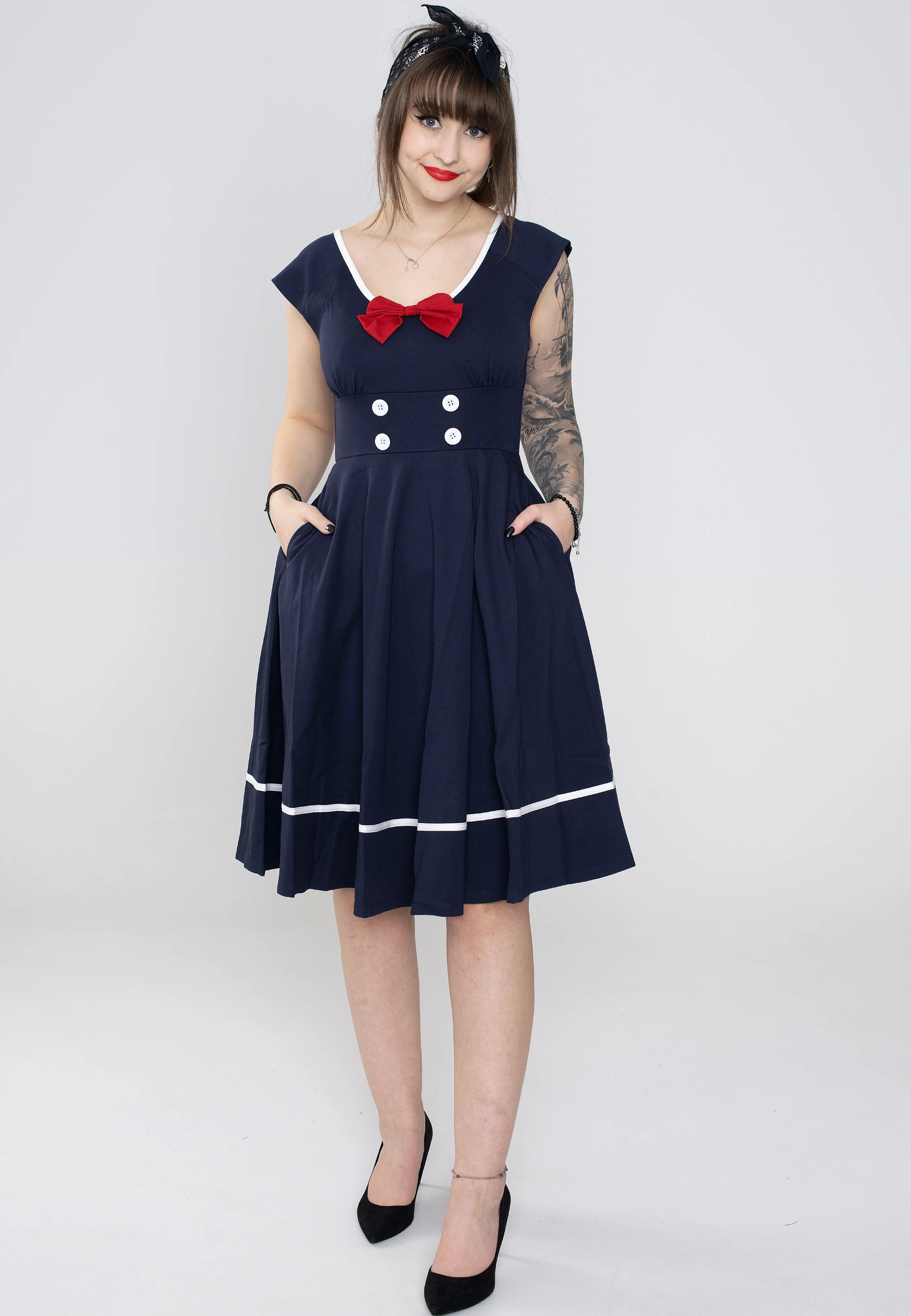 Voodoo Vixen - Catalina Red Bow Seaside Flare Navy - Dress - Image 4